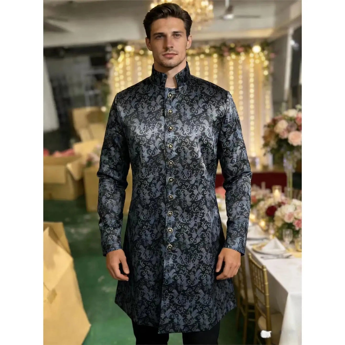 Medieval Men's Kurta Sherwani Jacket Shiny Wedding Robe  Collar Ethnic Clothing Polyester Fiber 100% Printed Design
