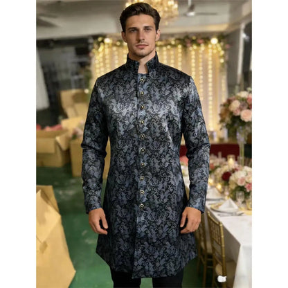 Medieval Men's Kurta Sherwani Jacket Shiny Wedding Robe  Collar Ethnic Clothing Polyester Fiber 100% Printed Design