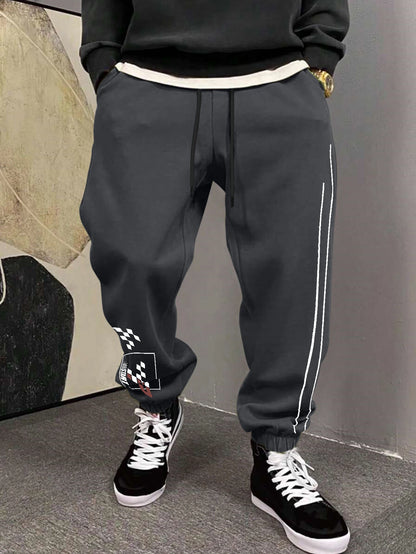 Men's Y2K Racing Checkerboard Side Line Print Sweatpants Elastic Waist Soft Fabric Motor Street Hip Hop Joggers