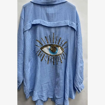 Spring Summer 2024 Women's Casual Evil Eye Shirt Long Sleeve Turn-down Collar Regular Length Other Material 100% Fashion Ladi...