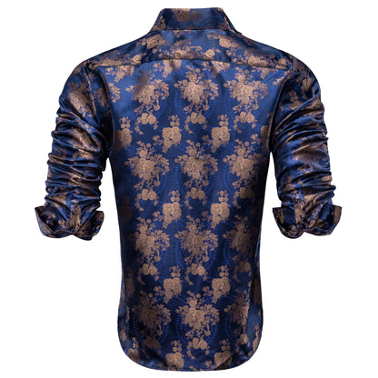 Hi-Tie Mens Shirts Jacquard Paisley Floral Long Sleeve Lapel Shirt Blouse Outerwear Wedding Office Breathable High Quality