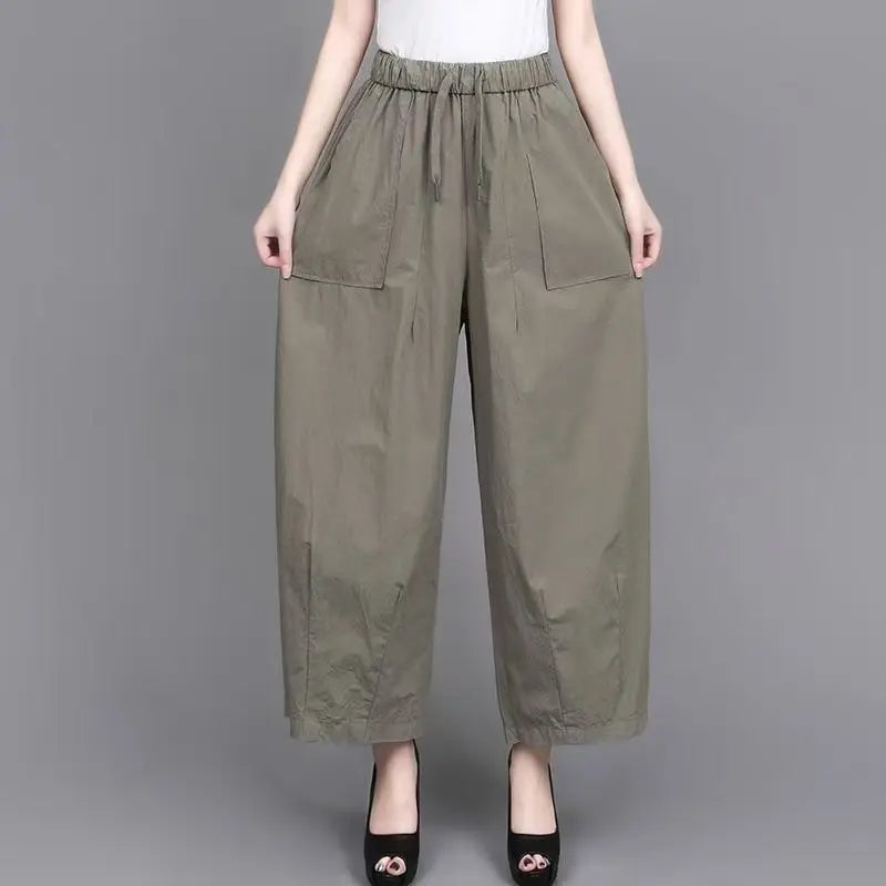 High Waist Wide Leg Pants Women Loose Slimming Nine Points Casual Pants plus Size Versatile Midlife Mom Pants Commute Style