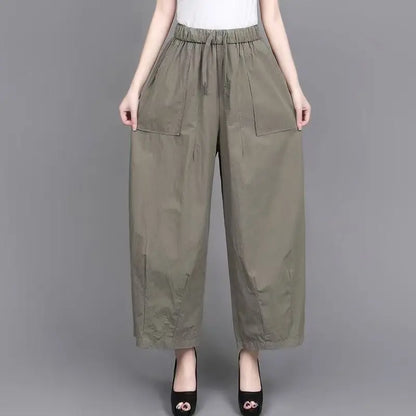 High Waist Wide Leg Pants Women Loose Slimming Nine Points Casual Pants plus Size Versatile Midlife Mom Pants Commute Style
