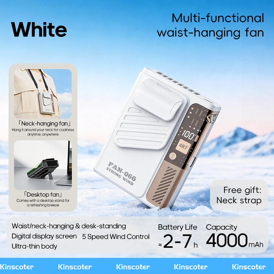 New Outdoor Hanging Waist Fan 4000mAh USB Multi-functional Mini Cooling Fan 5 Speed Digital Display Portable Rechargeable Fan