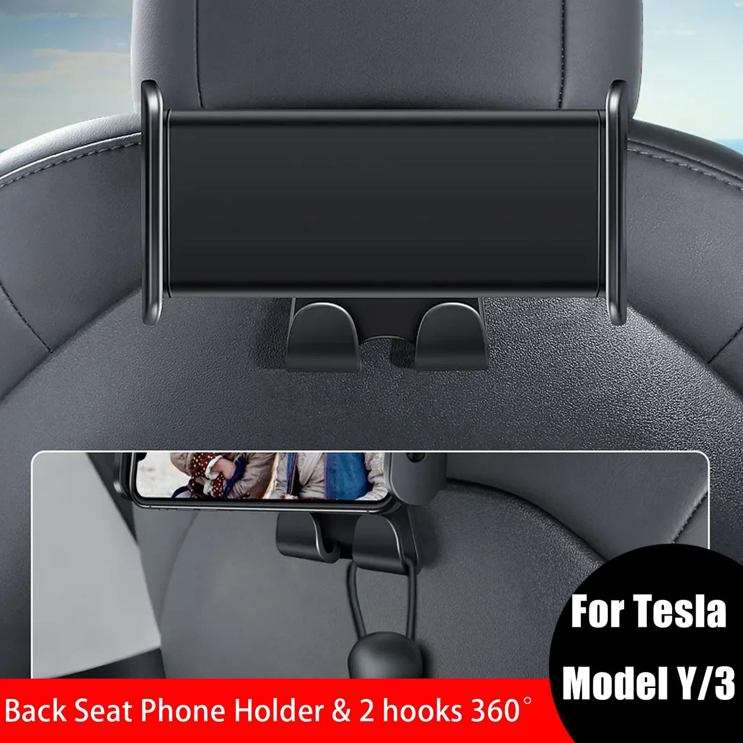 For Tesla Model 3/Y Back Seat Phone Holder with 2 hooks 360° Rotate Stand Auto Headrest Bracket Support For Tablet PC iPad Mini