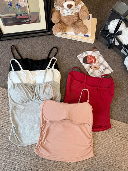 Slim Fit  Strap Vest Women Summer Inner Wear Beautiful Back  with Chest Pad Outerwear Cotton Polyester Elastic F...