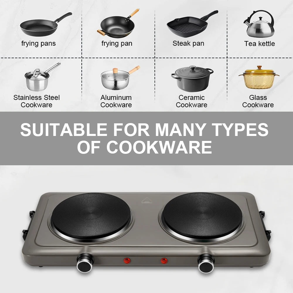 Sonifer 2000W Double Burner Electric Hot Plate SF-3052, Cast Iron, Variable Temp Control, Portable Countertop Stove