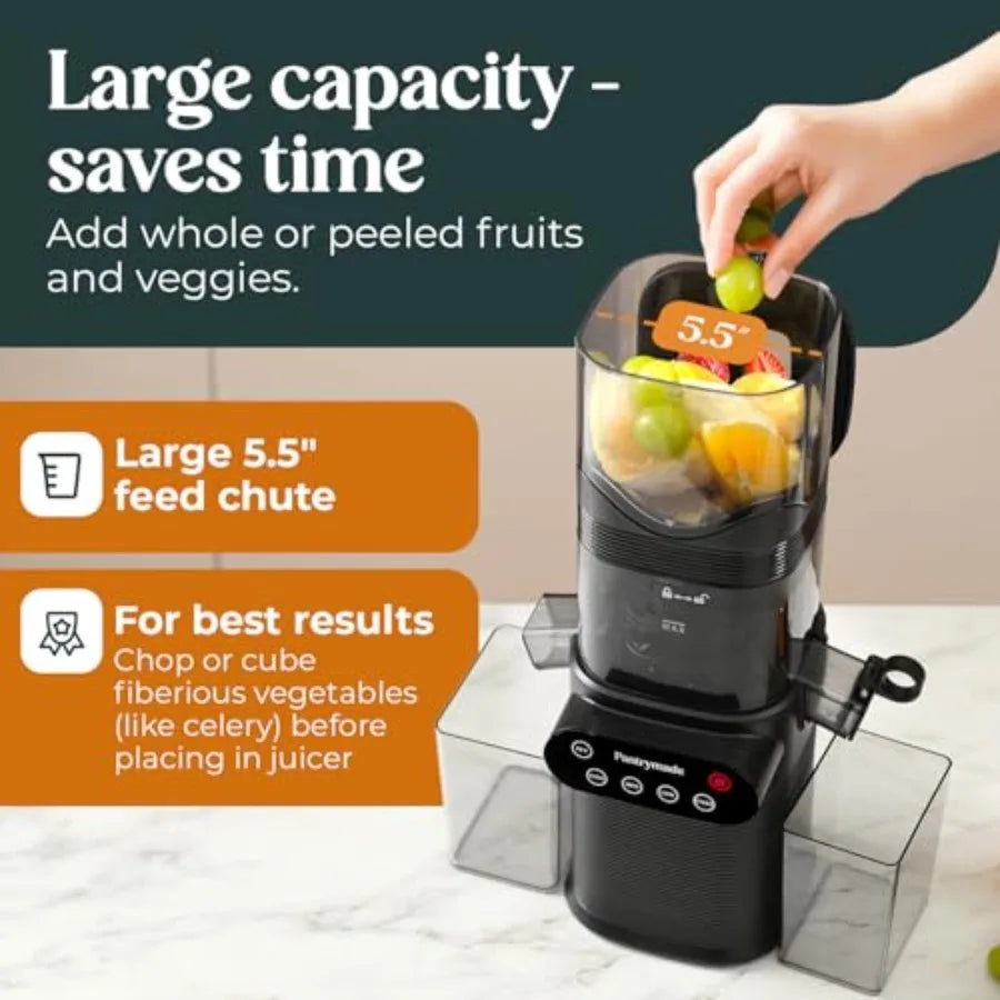 Cold Press Juicer for whole fruits/vegetables: slow masticating, high juice yield, 5.5 feed chute, easy clean, BPA-free, brushl