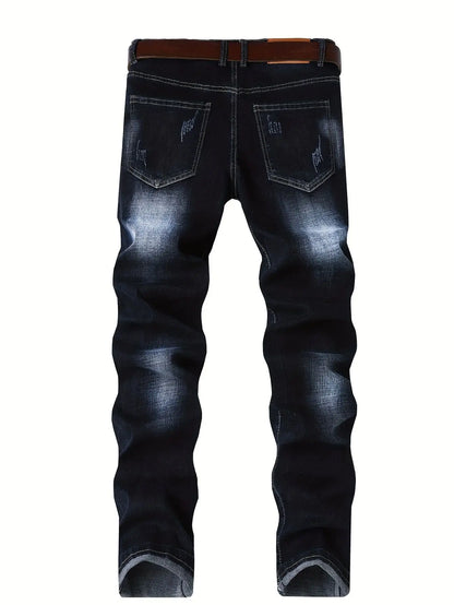 Motorcycle Trendy Straight Men's Jeans Elastic Washed Fashion Streetwear Denim Pants Embroidery Hip-Hop Trousers (Without Belt)
