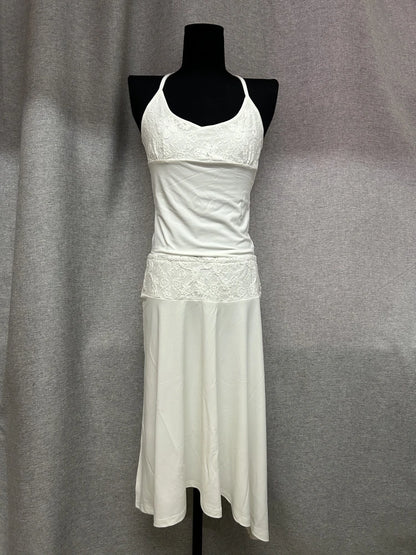 White Lace Patchwork 2 Piece Dress Sets Sexy Halter Short Tanks+A-line Skirts Women Sets Summer New Women Holiday Beach Outfits