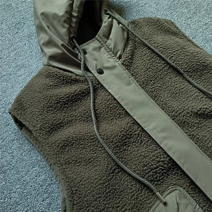 Warmth And Style Men's Autumn Winter Lamb Velvet Hooded Vest Jacket Casual Handsome Shoulder Bared Zipper Workwear Cotton Vest
