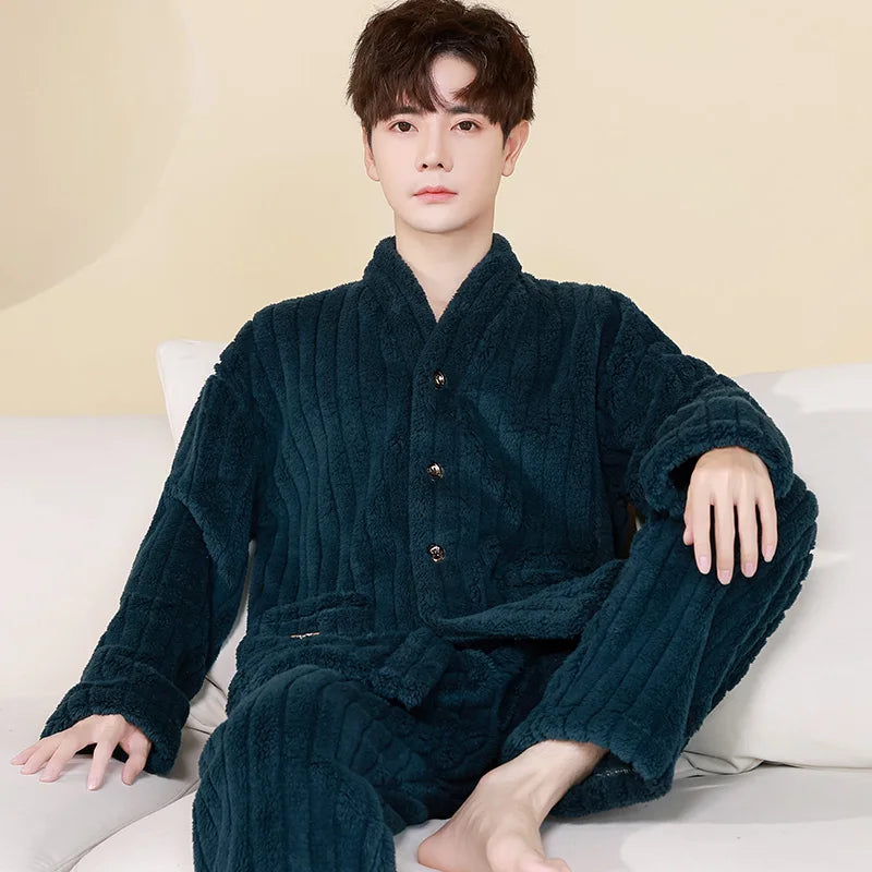Thick Coral Fleece Sleepwear Men's Autumn Winter Casual Large Size Outdoor Wearable Flannel Home Clothes Set V-Neck Long Sleeve