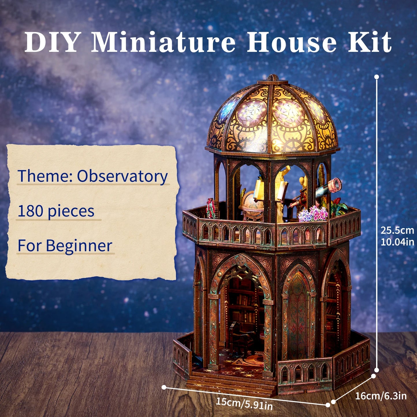 Book Nook Kit Observatory DIY 3D Wooden Puzzle Bookshelf Insert Dollhouse Model Bookend Building Home Decoration Gifts