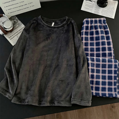 Men's Coral Fleece Pajamas Thickened Flannel Home Clothes Set Casual Loose Fit Autumn Winter Warm Sleepwear round Neck Sweats...