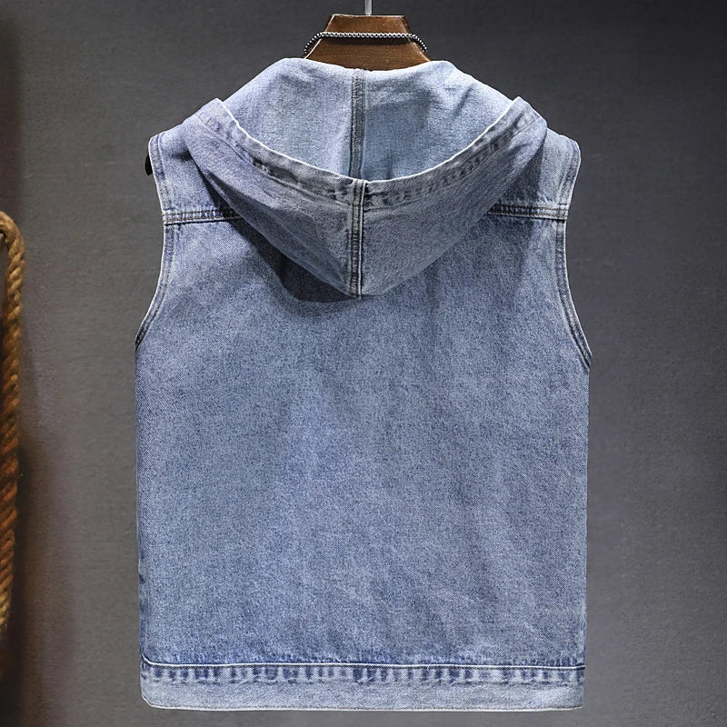 New Men's Loose Workwear Denim Vest with Hood Sleeveless Everyday Versatile Shoulder Pad Jacket Casual Unisex Outerwear