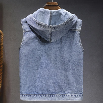 New Men's Loose Workwear Denim Vest with Hood Sleeveless Everyday Versatile Shoulder Pad Jacket Casual Unisex Outerwear