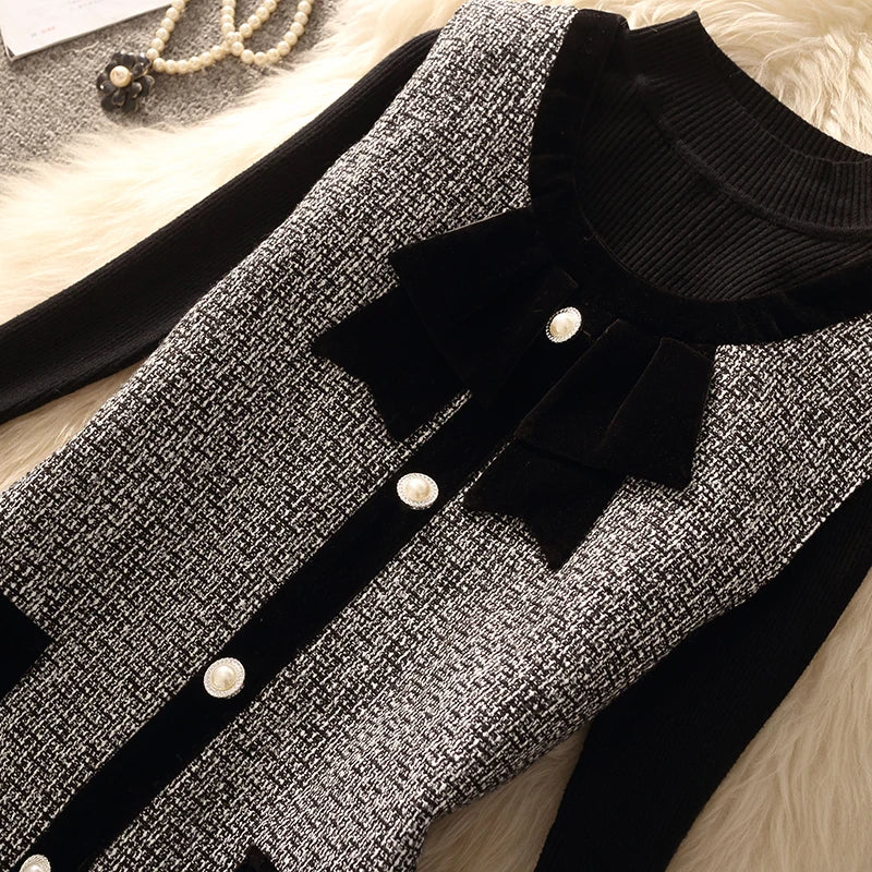 Spring Autumn Winter Tweed Color Block Vest Skirt Set  Knot Elegant Fashionable Two Piece Set Women's Luxury Style