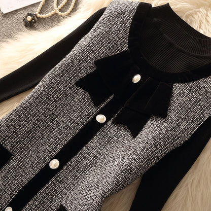 Spring Autumn Winter Tweed Color Block Vest Skirt Set  Knot Elegant Fashionable Two Piece Set Women's Luxury Style