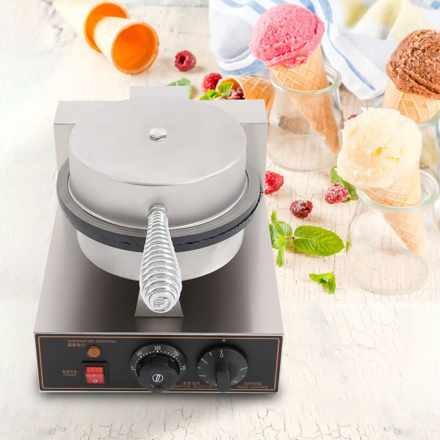 Commercial Electric Ice Cream Cone Machine Stainless Steel Waffle Cone Egg Roll Maker Tabletop Design Adjustable Time And Temperature High Efficient Baking Tool 110V US Plug No Assembly Sturdy Construction Portable Snack Maki