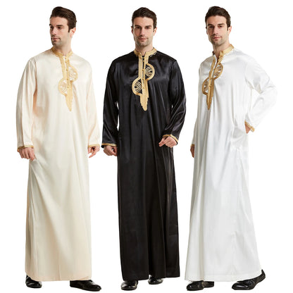 TH819 Men's Muslim Middle Eastern Men Long Sleeves Stand Collar Silk Emboridery Robe Male Ramadan Eid Jubba Thobe