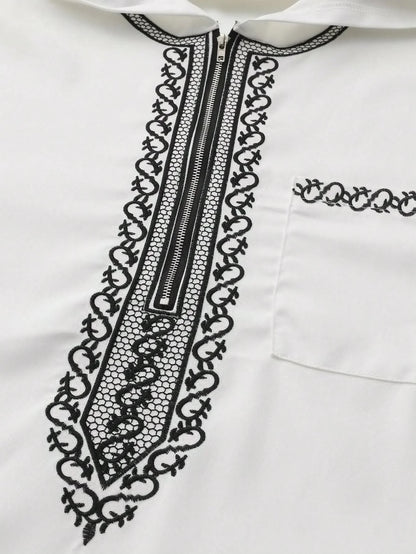 2025Moroccan Men's Thobe Short-Sleeved Embroidered Hood MuslimIslamicLooseJelleba Abaya - New Edition