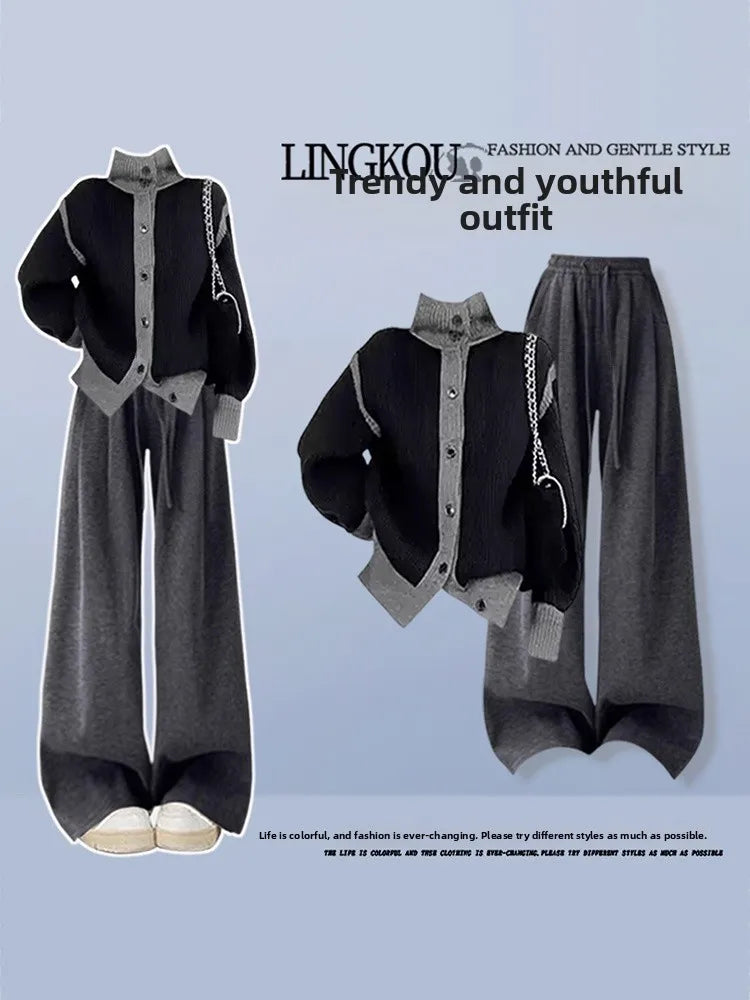 Anti-Aging Large Size Autumn Set Women's High Waist Wide Leg Pants Casual Versatile Outerwear Two-Piece Korean Style Ensemble