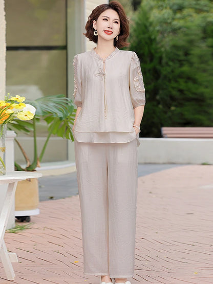 Mother's Day Fashionable Summer Outfit Set Casual Short Sleeve Two-Piece Suit for Middle-Aged Women Polyester Fiber V-Neck