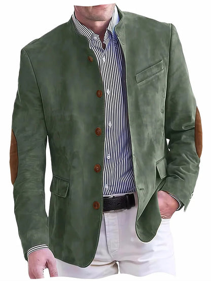 Men's Casual Blazer Flannel Suit Jacket With Elbow Patches Band Collar Brown Button Daily  Casual Slim Fit Customized Business