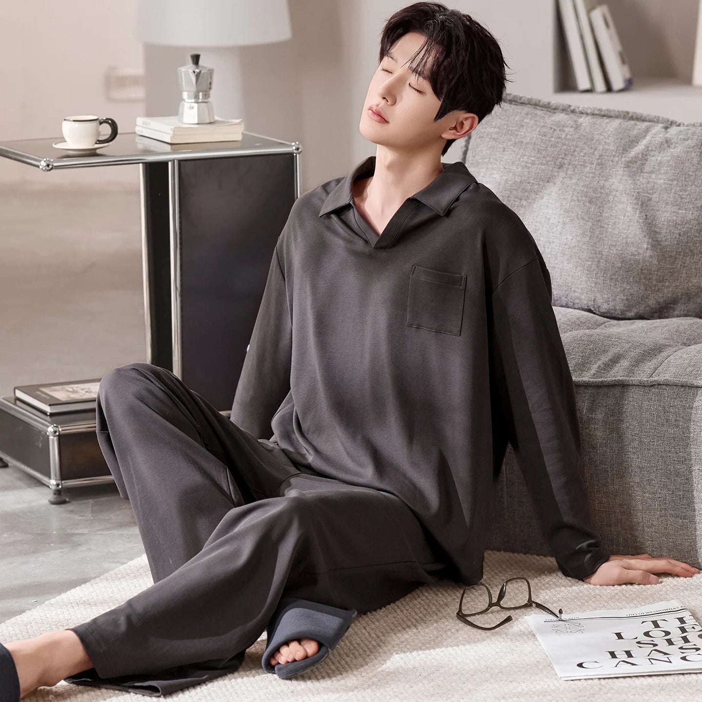 100% Pure Cotton Sleepwear Long Sleeve Collared Casual Home Clothes Set for Men Spring Autumn Seasonal Comfortable Leisure Ou...
