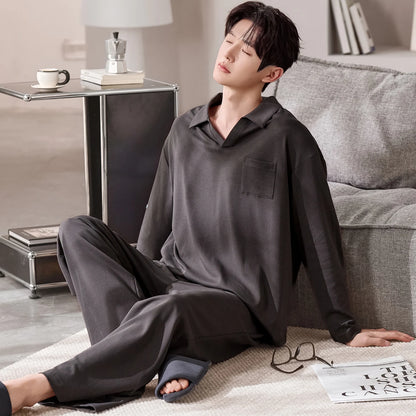 100% Pure Cotton Sleepwear Long Sleeve Collared Casual Home Clothes Set for Men Spring Autumn Seasonal Comfortable Leisure Ou...