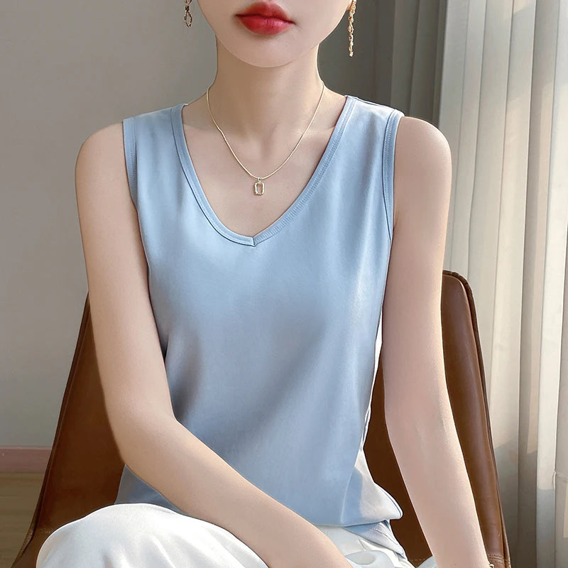 Summer New Cotton V-neck Camisole Women's Wide Shoulder Strap Bottoming Shirt Sleeveless Mercerized Cotton T-shirt