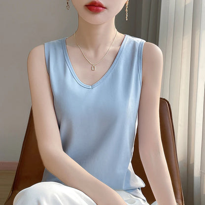 Summer New Cotton V-neck Camisole Women's Wide Shoulder Strap Bottoming Shirt Sleeveless Mercerized Cotton T-shirt