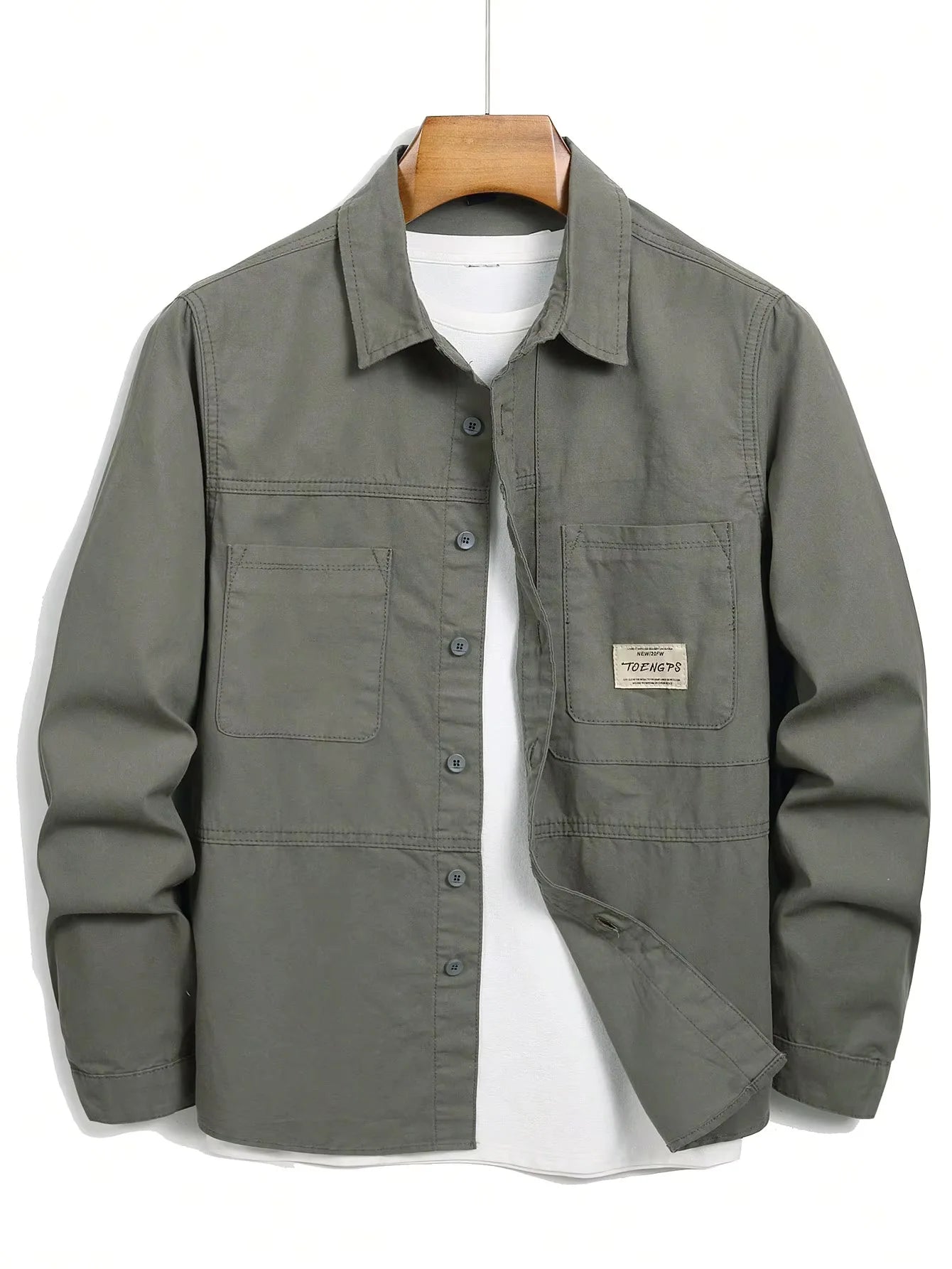 Men's Vintage Army Green Casual Denim Shirt, 100% Cotton Long Sleeve Lapel Work Shirt with Pockets