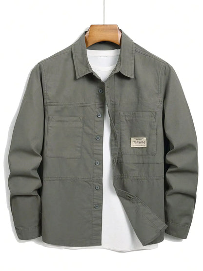 Men's Vintage Army Green Casual Denim Shirt, 100% Cotton Long Sleeve Lapel Work Shirt with Pockets
