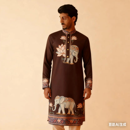 National Style Men Digital Printed Kurta Vardha Regular Mandarin Long Suitable Musulmans Homme Traje Arabe Hombre