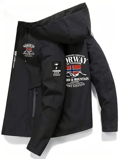 2025 New Men's Polyester Jacket with Norway Letters Print Hooded Outwear