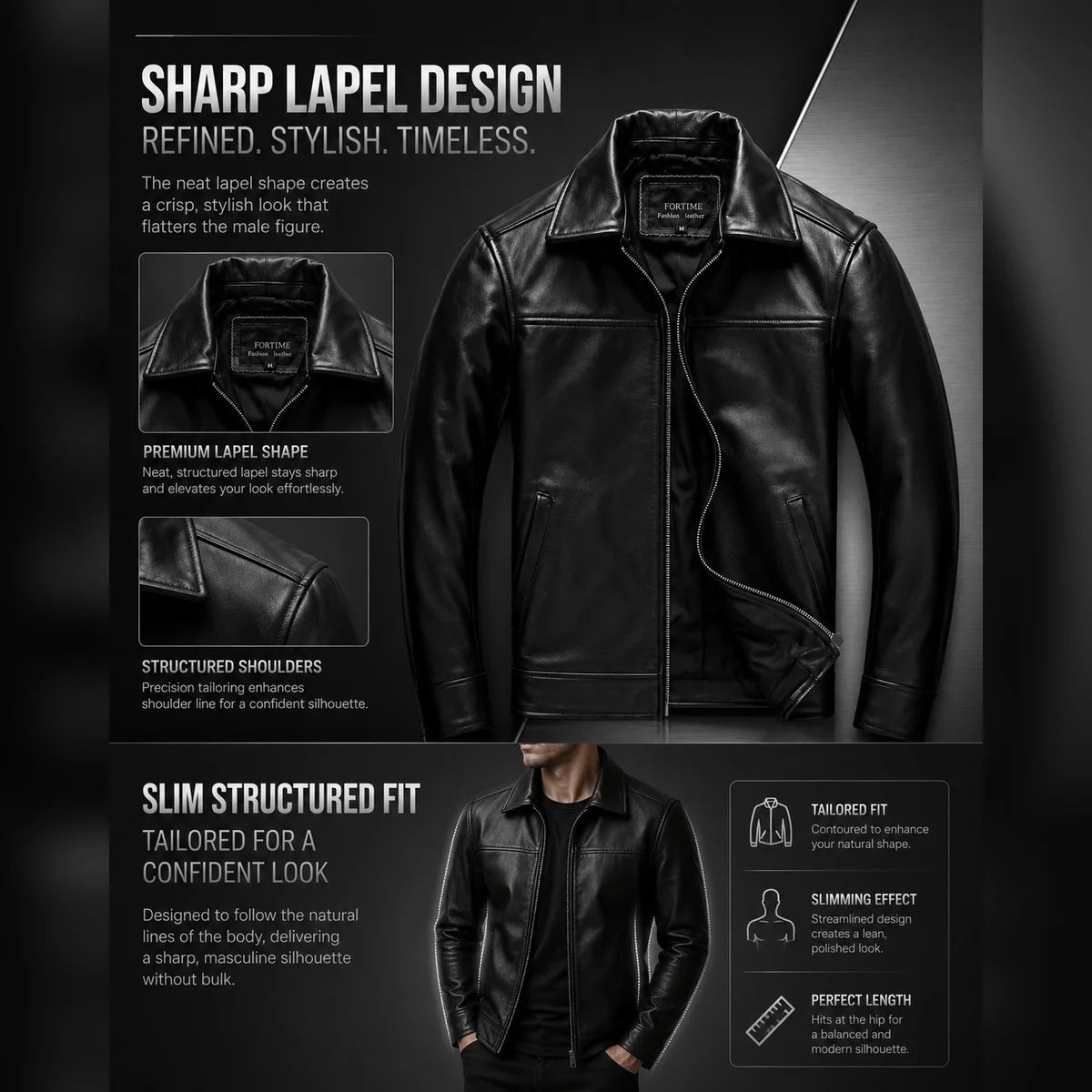 Men's Genuine Cowhide Leather Jacket Black Lapel Biker Coat Slim Fit Wind Proof Motorcycle Zip Up Casual Autumn Winter Outerwear