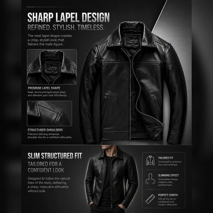Men's Genuine Cowhide Leather Jacket Black Lapel Biker Coat Slim Fit Wind Proof Motorcycle Zip Up Casual Autumn Winter Outerwear