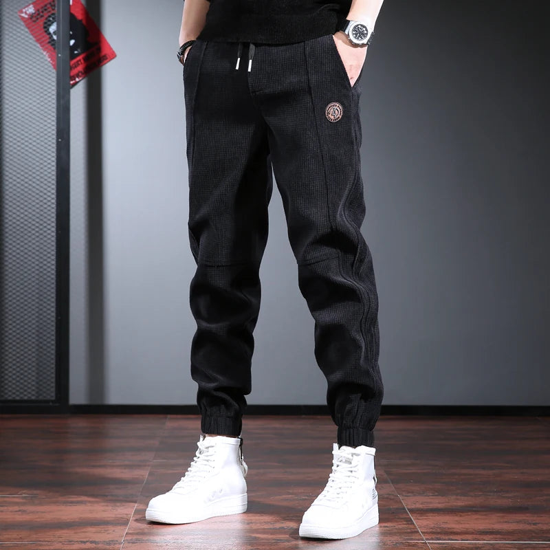 Men's Fleece Lined Thickened Autumn Winter Sports Casual Pants Cuffed Loose Fit Long Trousers Youth Active Style Fashionable