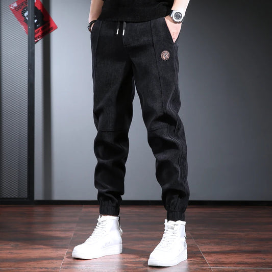 Men's Fleece Lined Thickened Autumn Winter Sports Casual Pants Cuffed Loose Fit Long Trousers Youth Active Style Fashionable