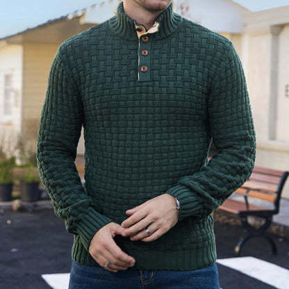 Men's Winter Warm Knit Sweater Button Turtleneck Woven Texture Slim Fit Casual Top