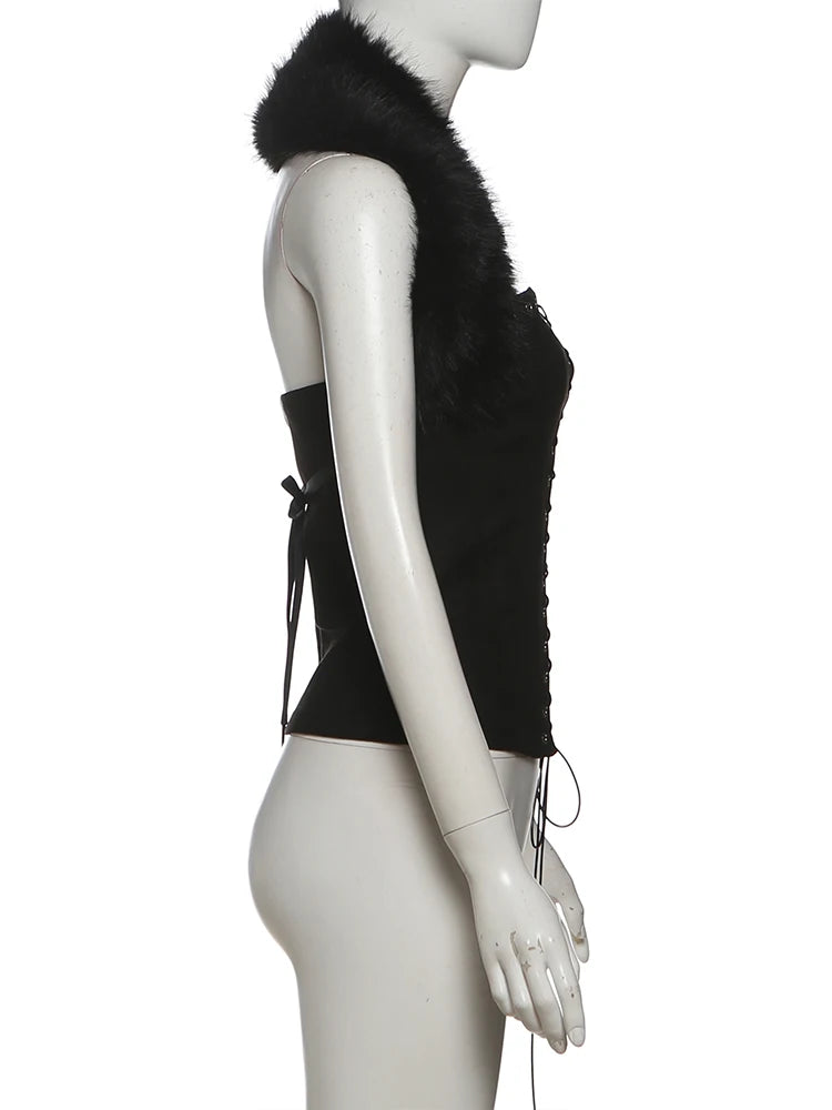 Sisterlinda Furry Patchwork Sexy Tank Top Women Y2K Halter Backless Shirring Sleeveless Stretch Coquette Midnight Party Clubwear