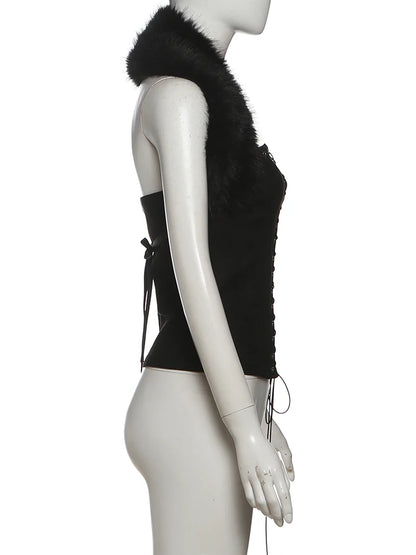Sisterlinda Furry Patchwork Sexy Tank Top Women Y2K Halter Backless Shirring Sleeveless Stretch Coquette Midnight Party Clubwear