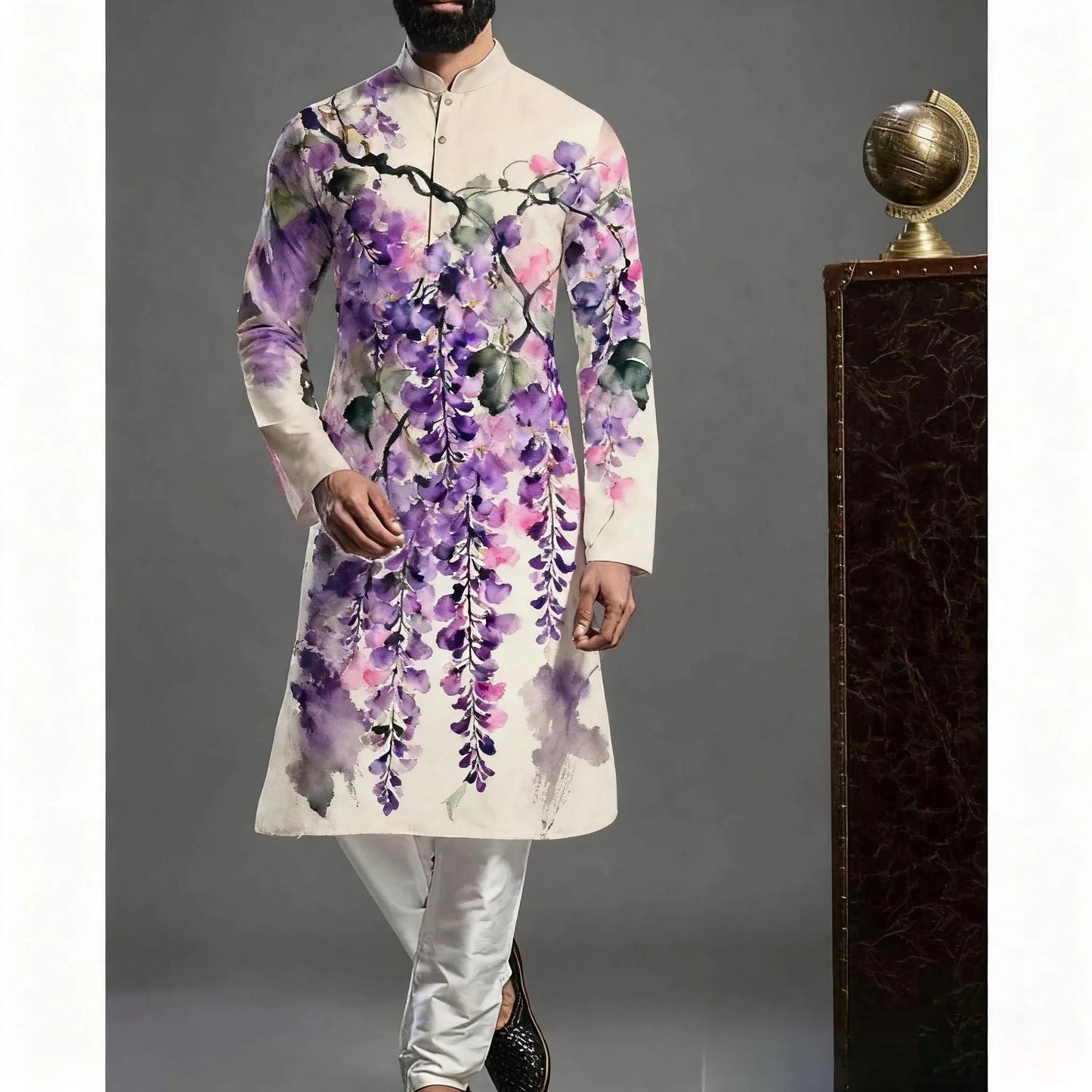 2026 Muslim Tops Men's Ethnic Style Long-sleeved Stand-up Collar Shirts Casual Slim Irregular Ropa Musulmana Hombre