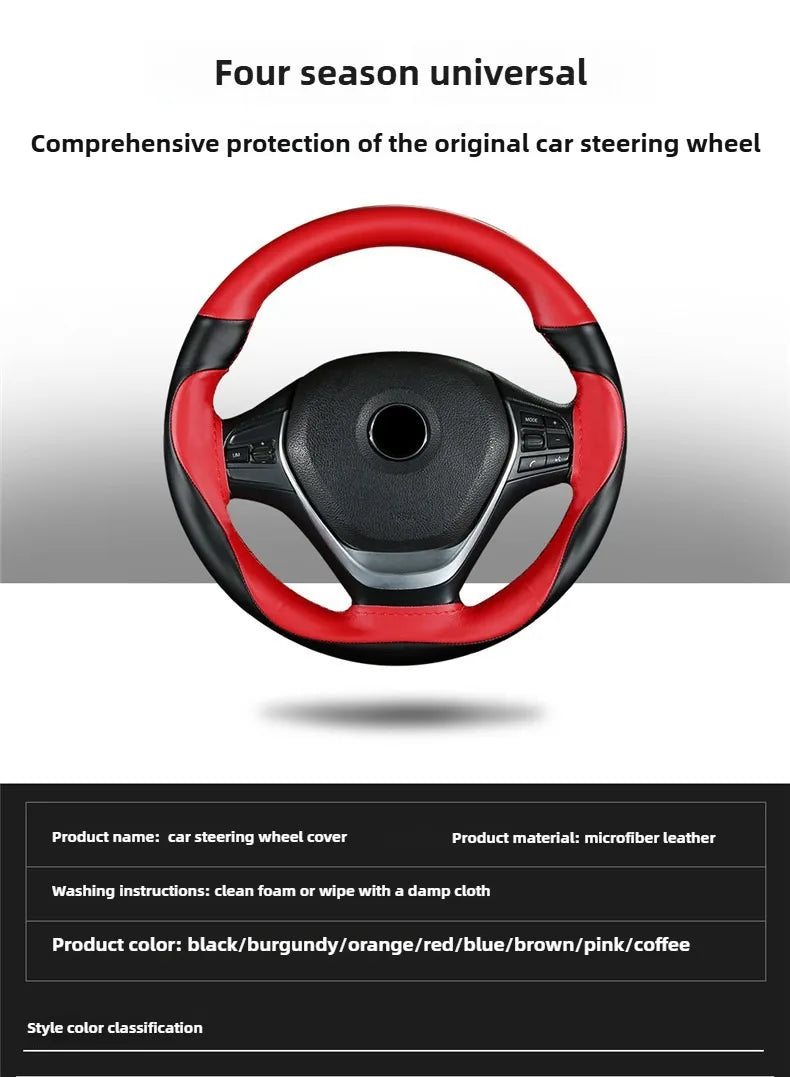 Leather Hand Sewn Steering Wheel Covers Universal DIY Braiding Car Steering Wheel Cover Car Accessories Steering Wheel Wrap 38CM