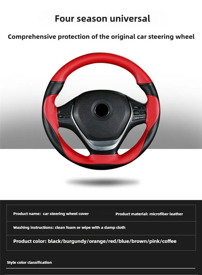 Leather Hand Sewn Steering Wheel Covers Universal DIY Braiding Car Steering Wheel Cover Car Accessories Steering Wheel Wrap 38CM