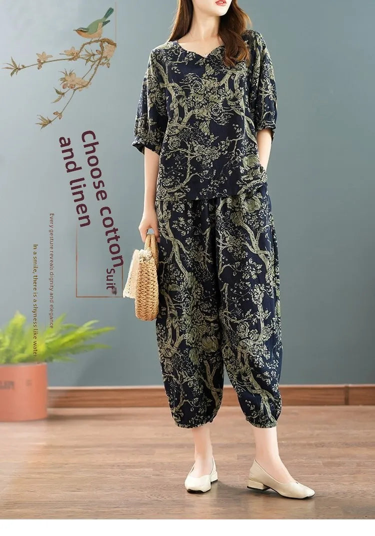 New Summer Floral Print Midi Sleeve Cotton Linen Loose Women's Two-Piece Set Ethnic Style Mom Clothes Comfortable Breathable