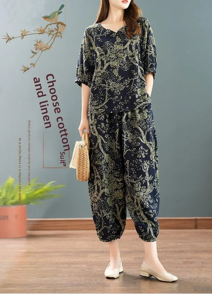 New Summer Floral Print Midi Sleeve Cotton Linen Loose Women's Two-Piece Set Ethnic Style Mom Clothes Comfortable Breathable