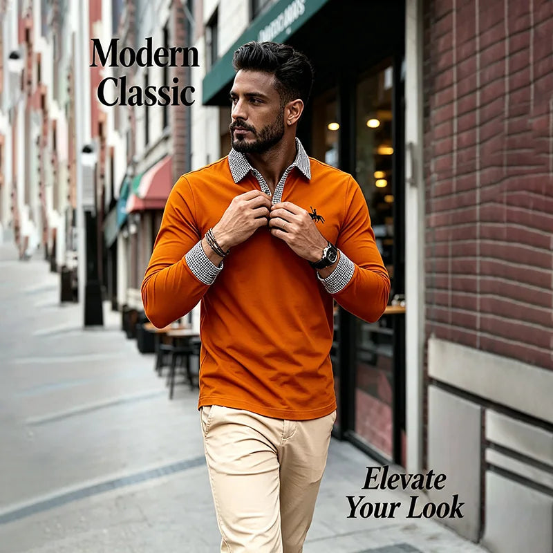 Men's Houndstooth Patchwork Long Sleeve Polo Shirt Classic Casual Business Tops Breathable Lightweight Knitwear for Spring Fall