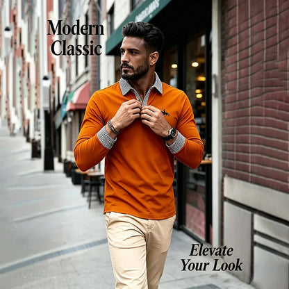 Men's Houndstooth Patchwork Long Sleeve Polo Shirt Classic Casual Business Tops Breathable Lightweight Knitwear for Spring Fall